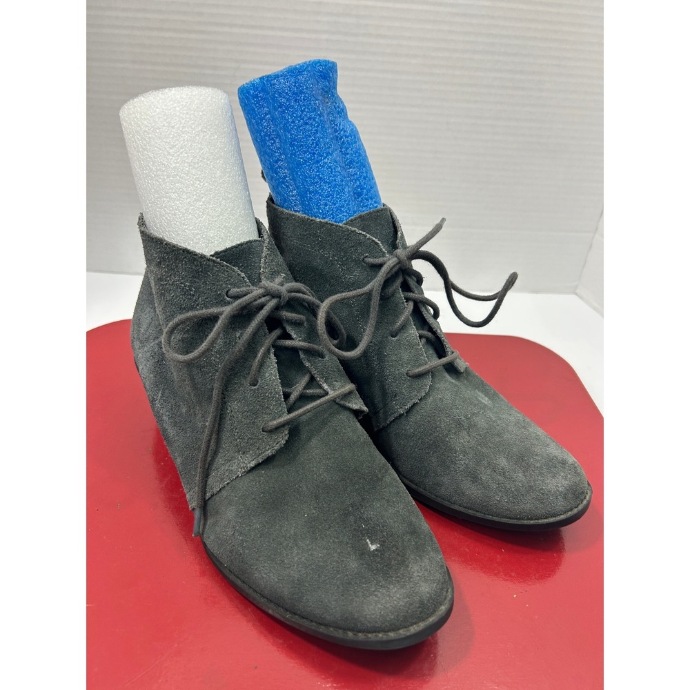 Vionic Andi Suede Lace Up Ankle Boots 7 Grey Block Heel Orthotic Comfort Minimal